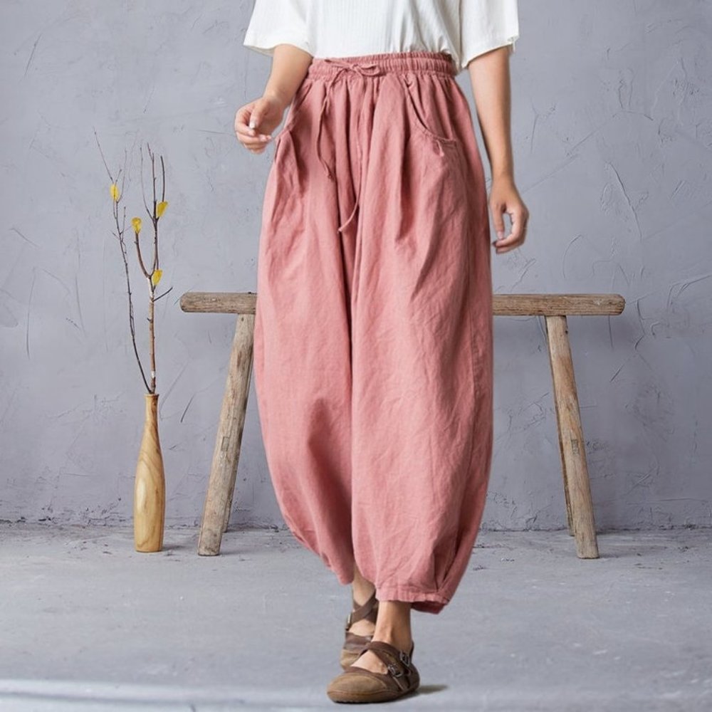 Women Elastic Waist Cotton Pants